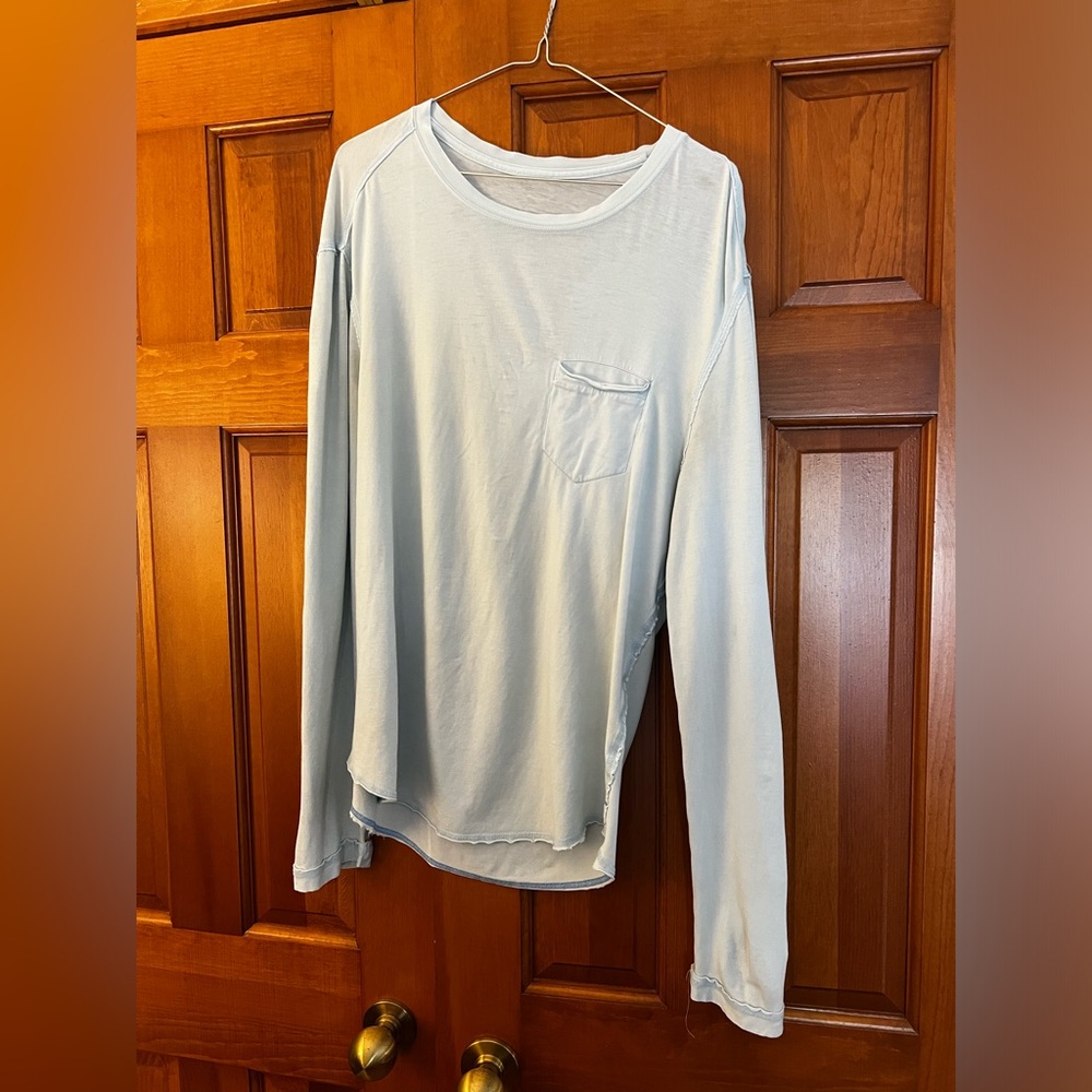 Lululemon distressed tee. Men’s Medium. Long sleeve. Light blue. Lovingly worn.